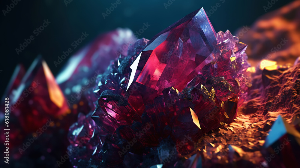 Amazing bright and shiny Cuprite crystal cluster background. Jewel mineral detailed macro. Generativ