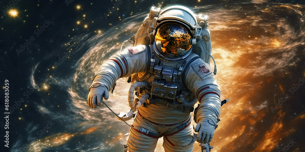 Portrait of astronaut floating in space with a asteroids, space rocks, burning sparks on backdrop. G