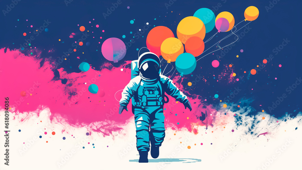 Astronaut with colorful balloons.