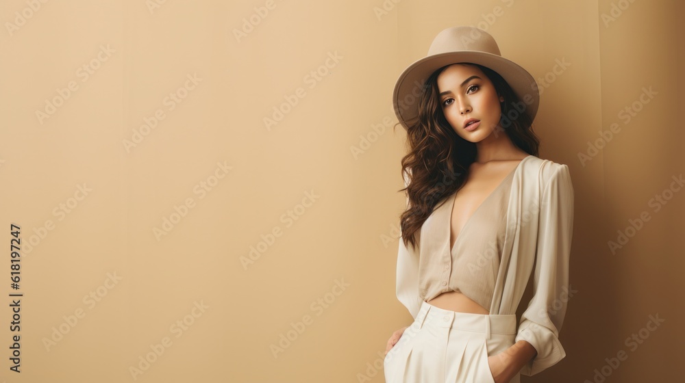 Fashion beige minimalist background with model girl. Illustration AI Generative.