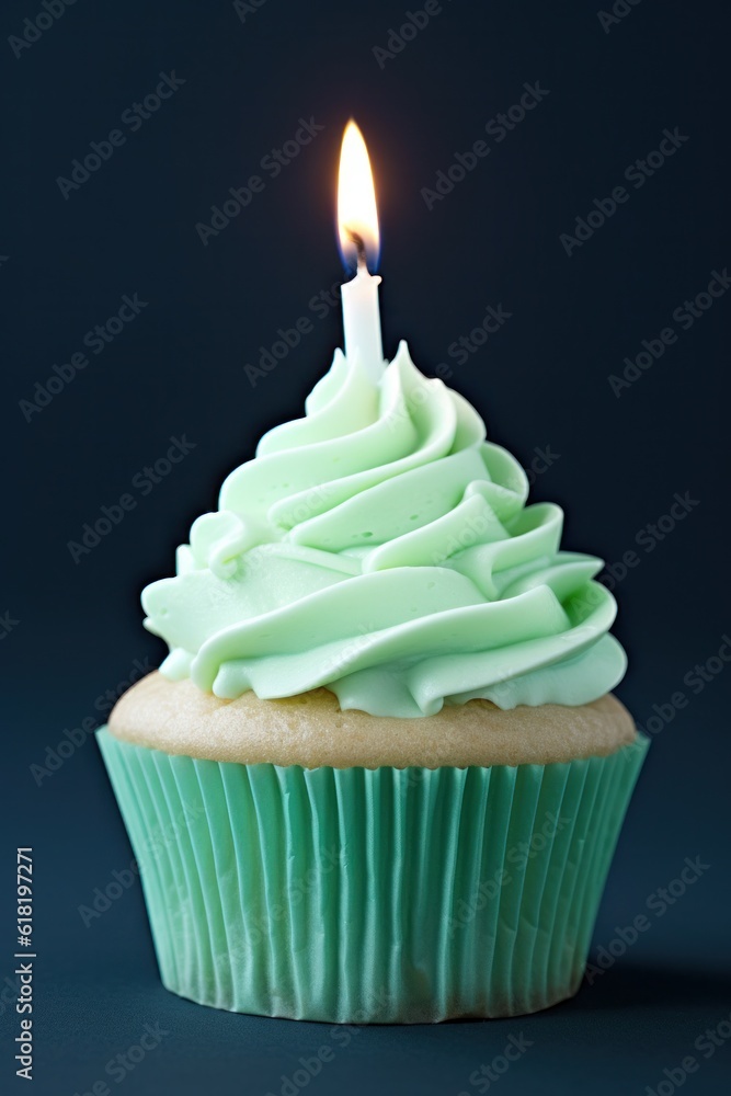 Green Birthday Cupcake. Illustration AI Generative.