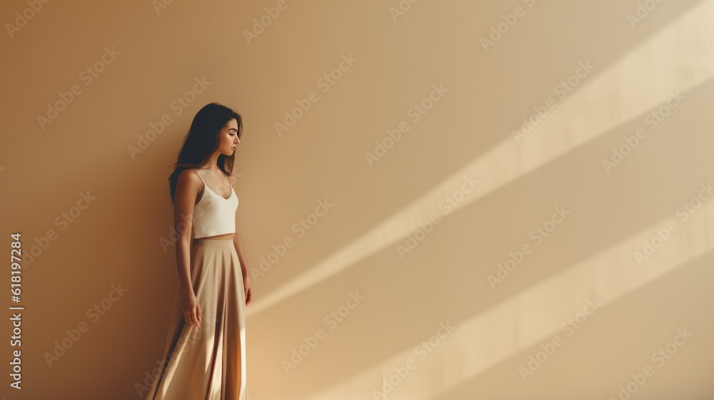 Fashion beige minimalist background with model girl. Illustration AI Generative.