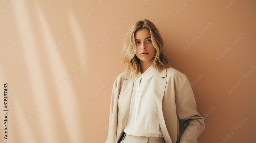 Fashion beige minimalist background with model girl. Illustration AI Generative.