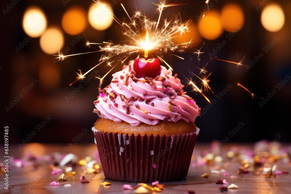 Cherry on chocolate cupcake with confetti on pink background Illustration AI Generative.