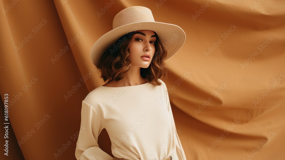 Fashion beige minimalist background with model girl. Illustration AI Generative.