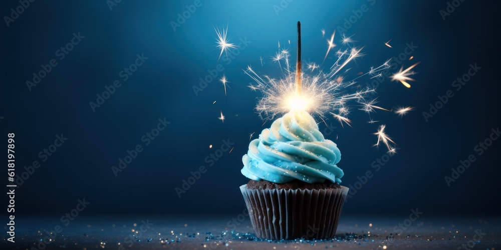 Cupcake with sparkler. Illustration AI Generative.