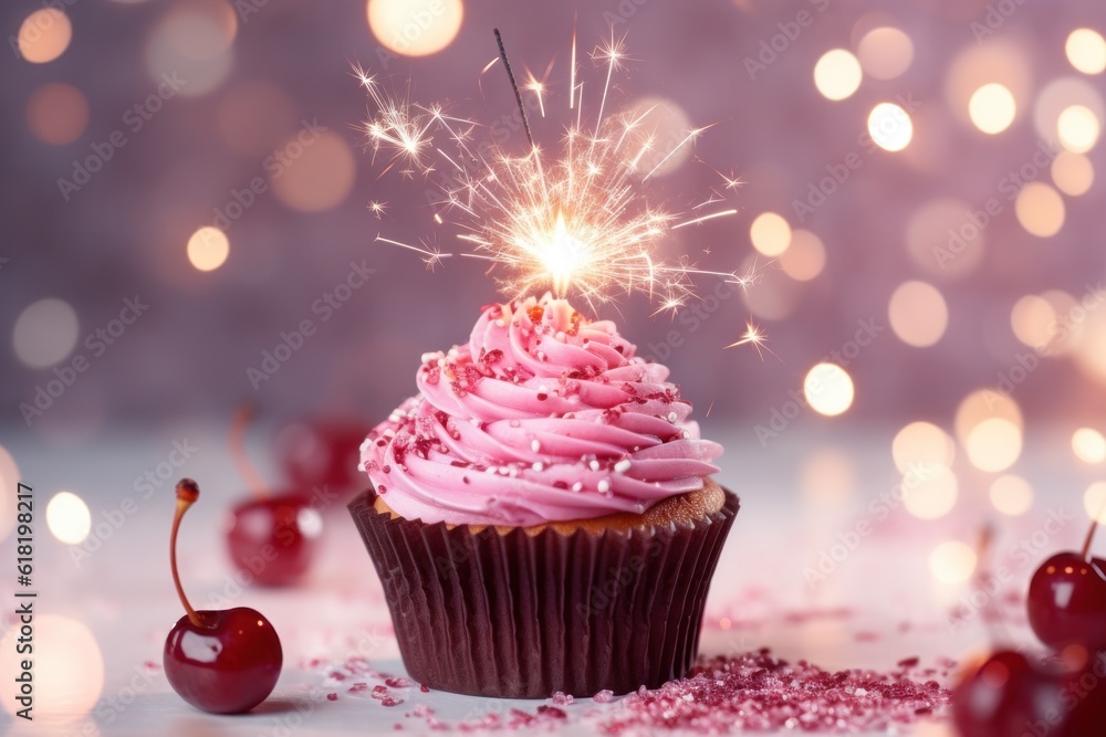 Cherry on chocolate cupcake with confetti on pink background Illustration AI Generative.