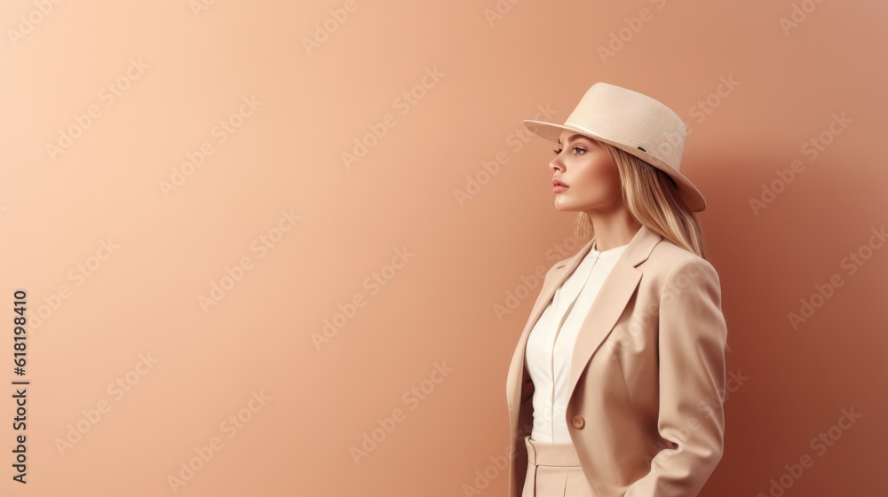 Fashion beige minimalist background with model girl. Illustration AI Generative.