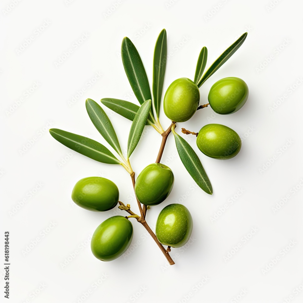 Olive twig with several green olives on it. Illustration AI Generative.