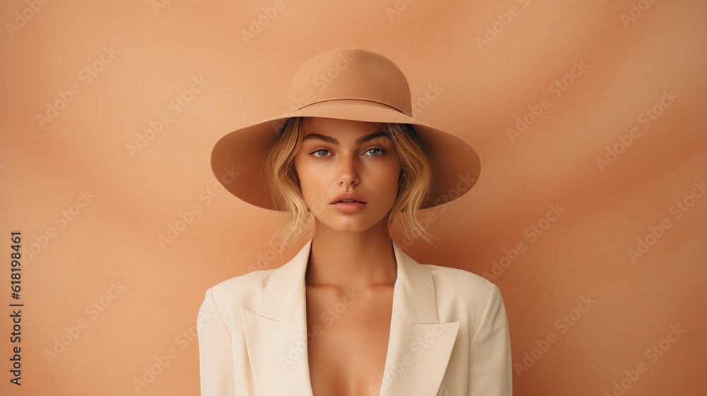 Fashion beige minimalist background with model girl. Illustration AI Generative.