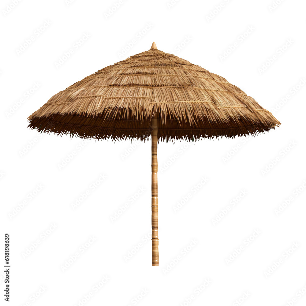 Straw beach umbrella isolated on transparent or white background, png