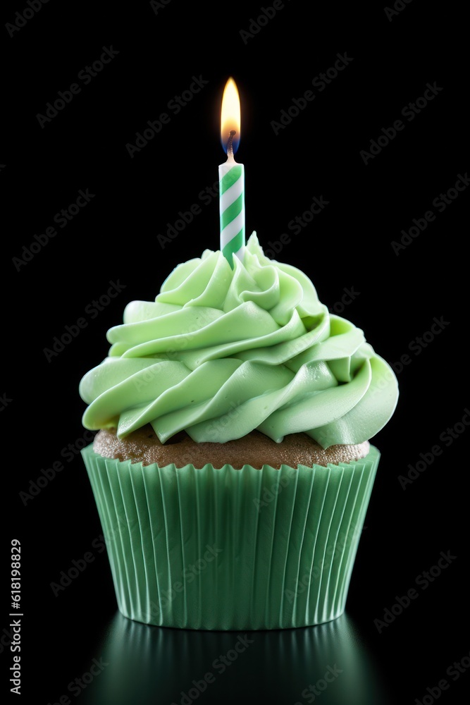 Green Birthday Cupcake. Illustration AI Generative.