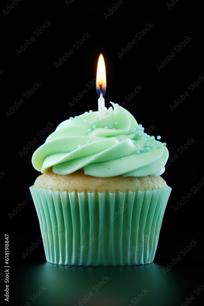 Green Birthday Cupcake. Illustration AI Generative.