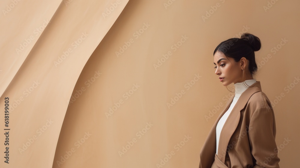 Fashion beige minimalist background with model girl. Illustration AI Generative.