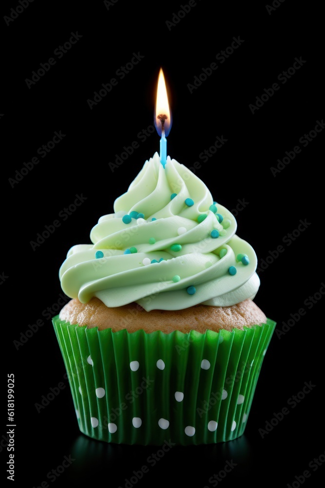 Green Birthday Cupcake. Illustration AI Generative.