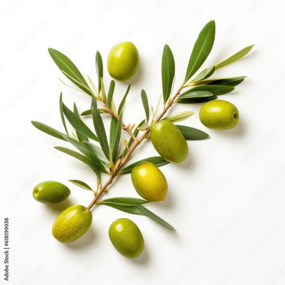 Olive twig with several green olives on it. Illustration AI Generative.