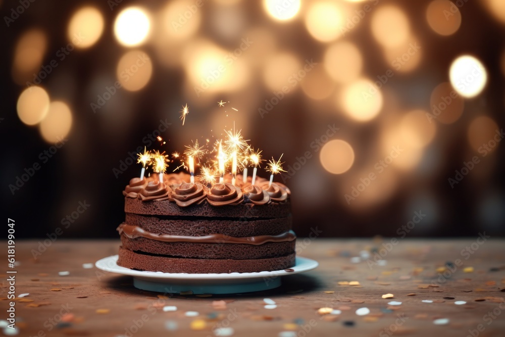 Birthday Chocolate Cake with Candles. Illustration AI Generative