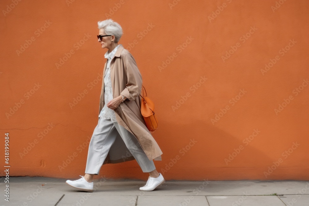 Fashion older woman walked.  Illustration AI Generative