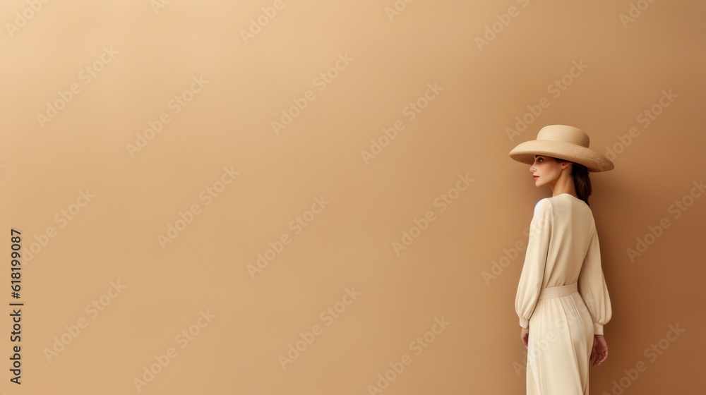 Fashion beige minimalist background with model girl. Illustration AI Generative.