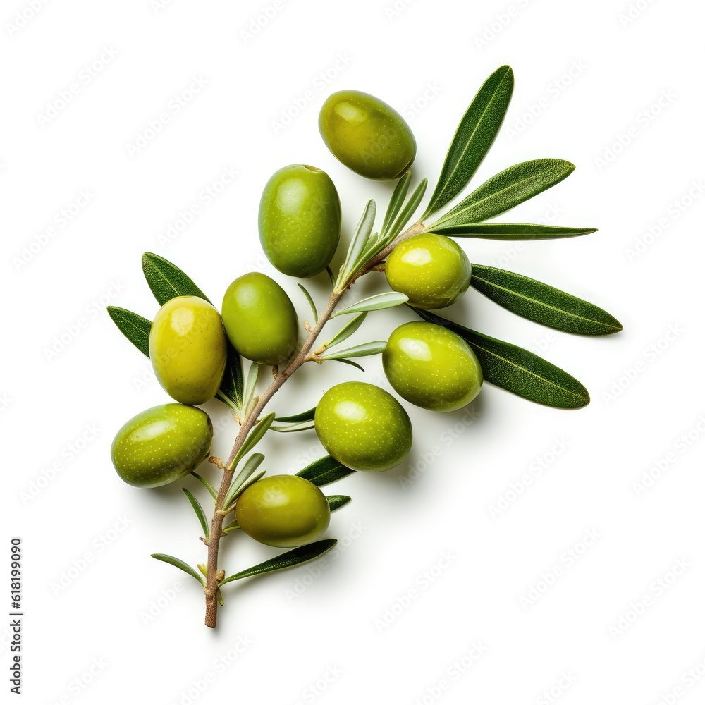 Olive twig with several green olives on it. Illustration AI Generative.