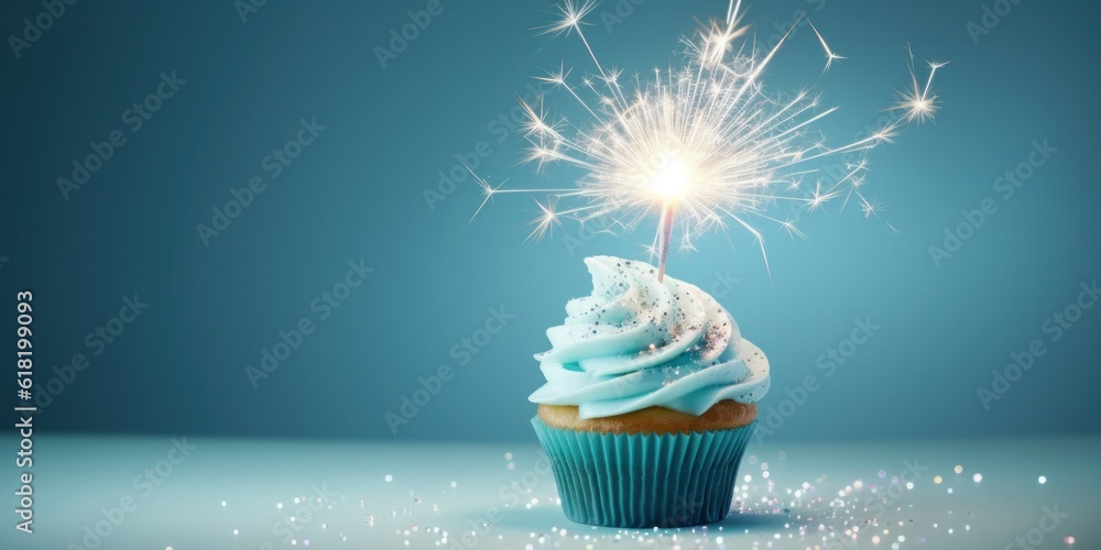 Cupcake with sparkler. Illustration AI Generative.