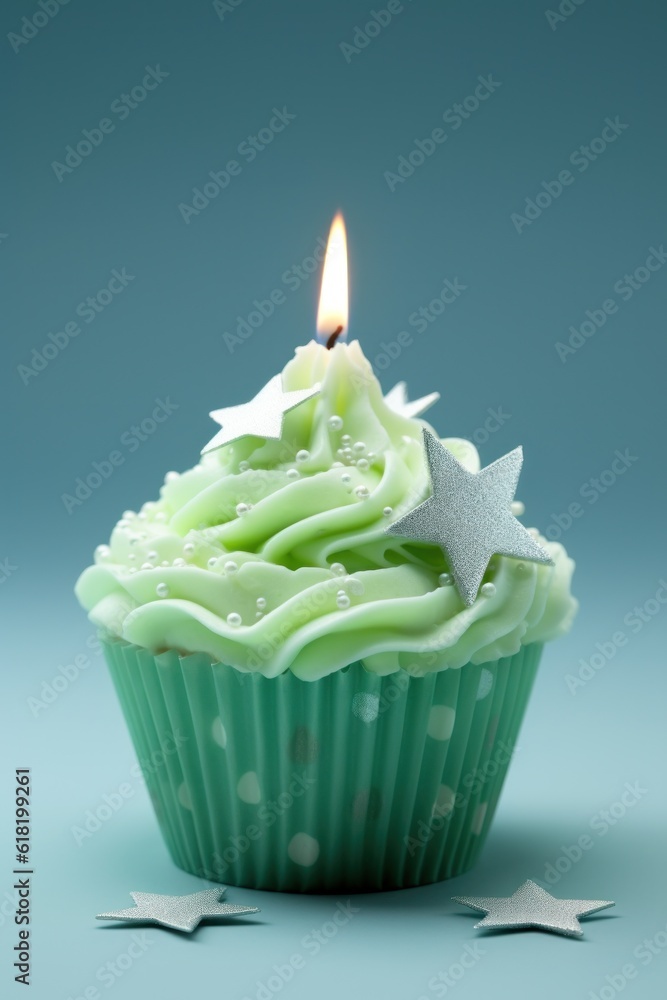 Green Birthday Cupcake. Illustration AI Generative.