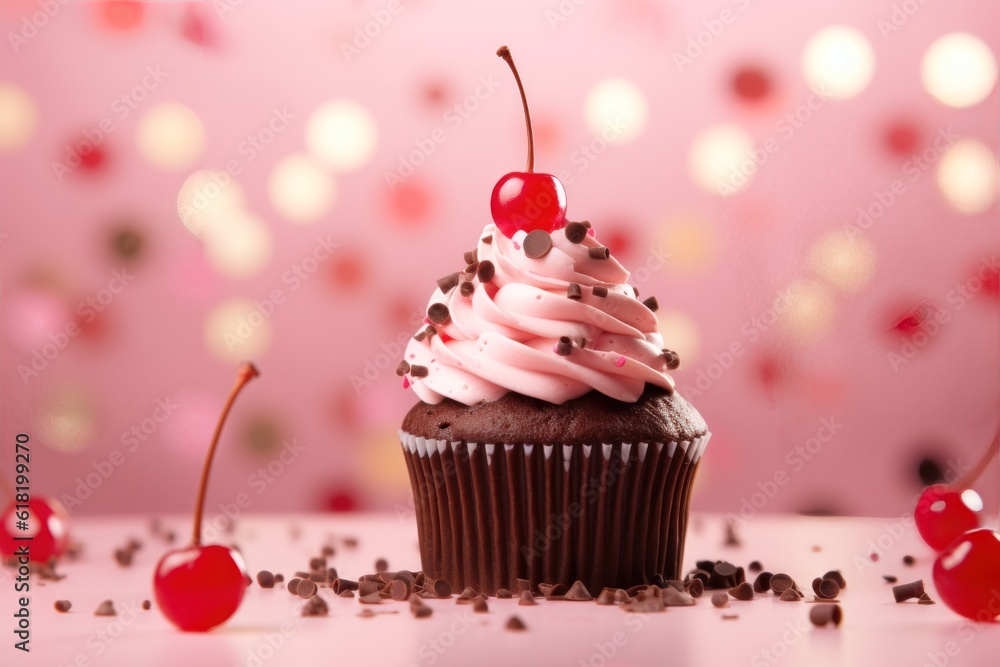 Cherry on chocolate cupcake with confetti on pink background Illustration AI Generative.