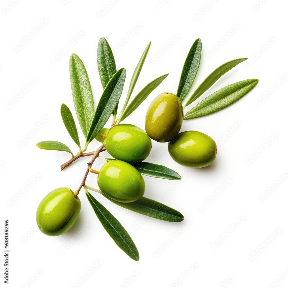 Olive twig with several green olives on it. Illustration AI Generative.