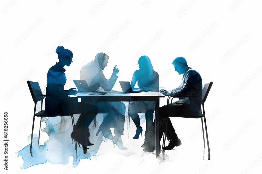 business people meeting, A Captivating Watercolor-style Blue Silhouette Illustration of Business Peo