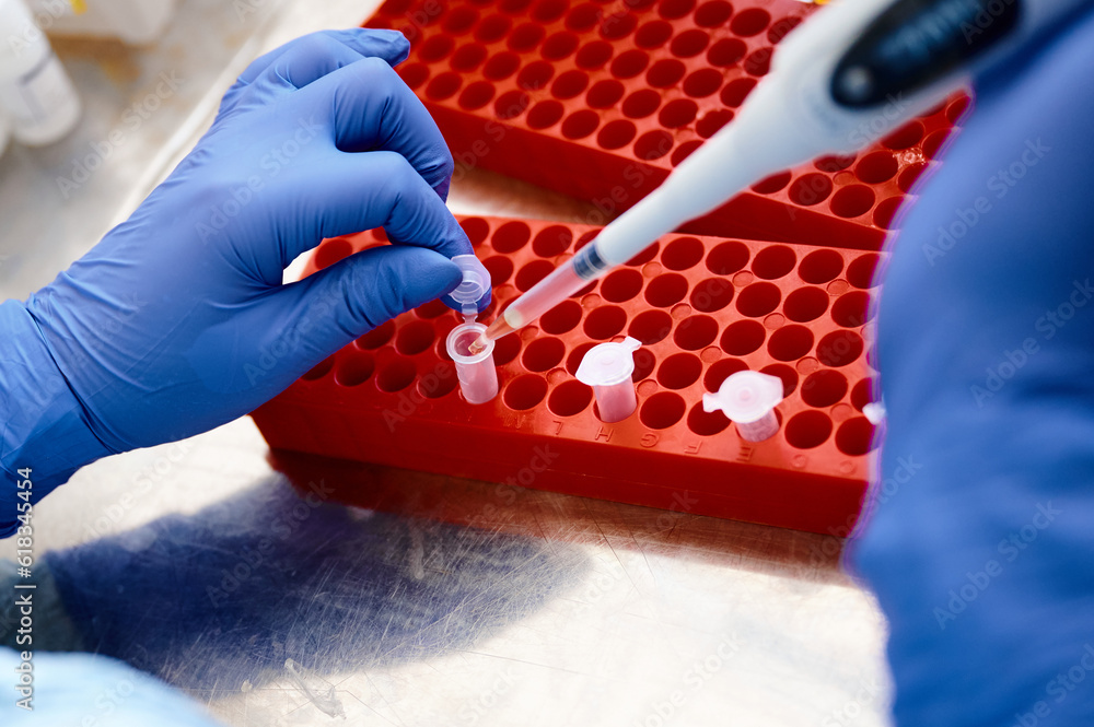 Technician works investigating analysis sample in test tubes