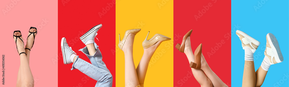 Collage of female legs in different stylish shoes on color background