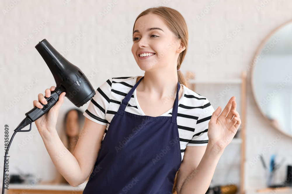 Female hairdresser with dryer in beauty salon