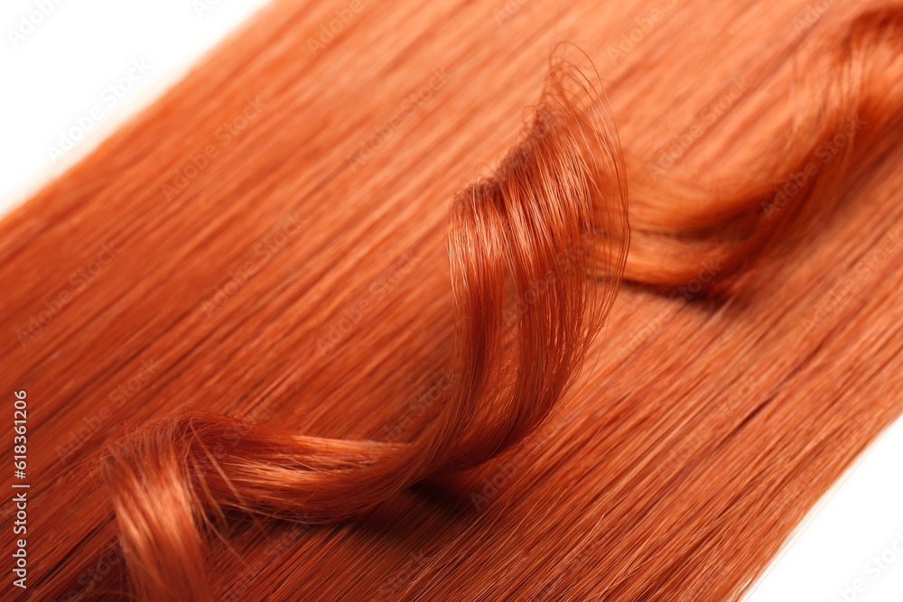 Ginger hair with curly strand on white background, closeup