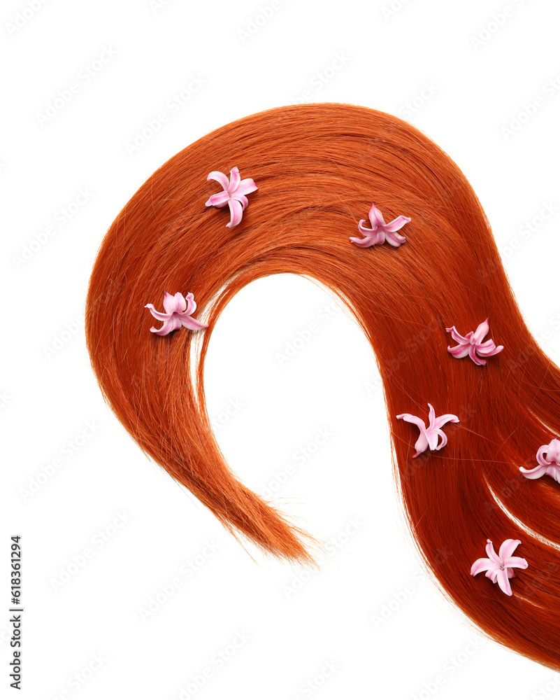 Ginger hair strand with hyacinth flowers on white background, closeup