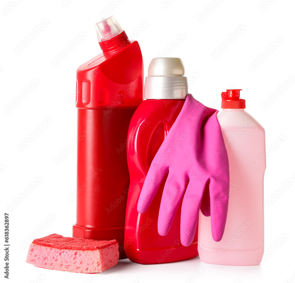 Different cleaning supplies on white background