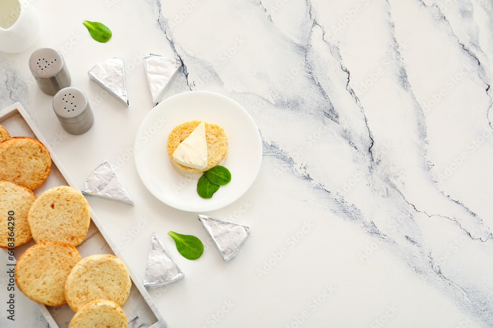 Plates with croutons and triangles of tasty processed cheese on white marble background