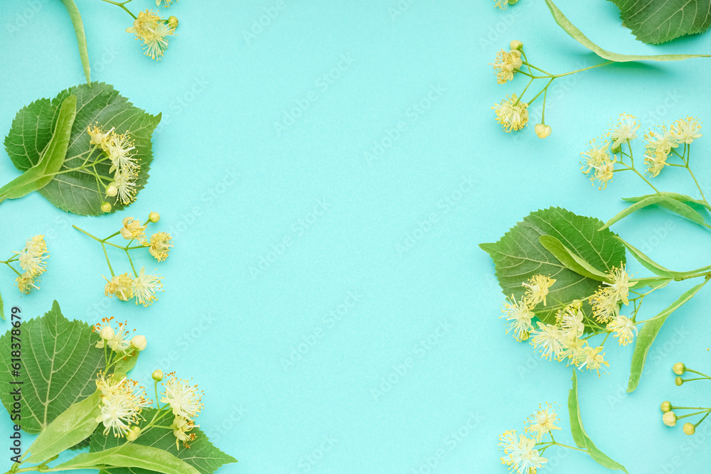 Composition with fresh linden flowers and leaves on color background