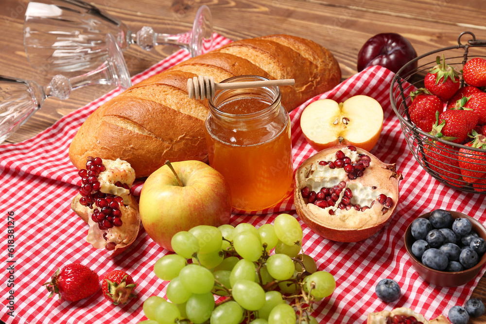 Composition with tasty food for picnic on wooden background, closeup