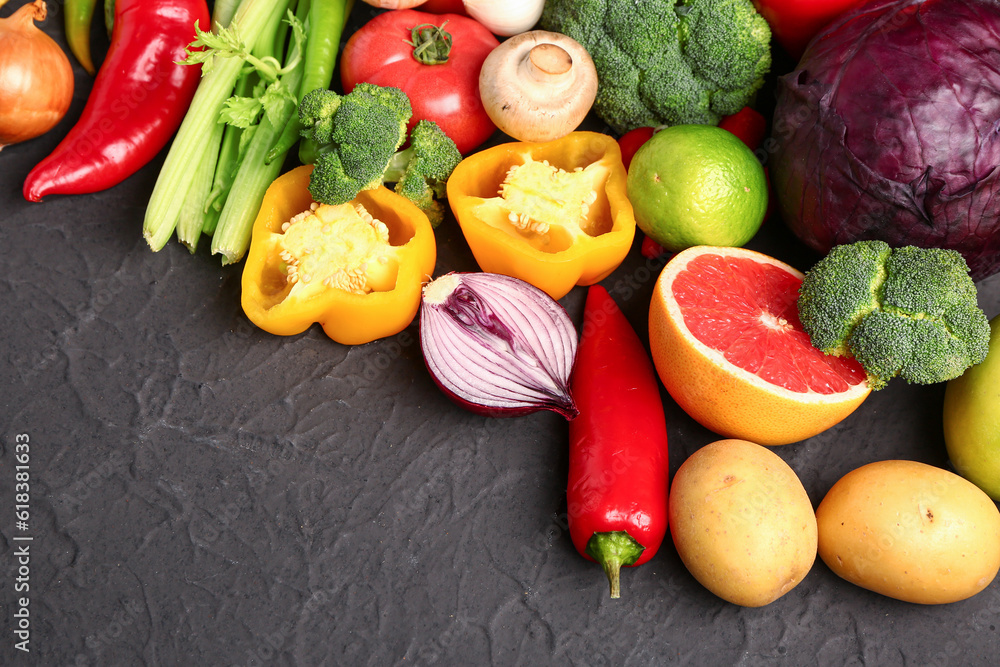 Fresh ripe vegetables on dark background, closeup