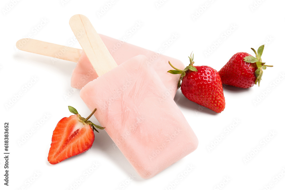 Sweet strawberry ice-cream popsicles on white background