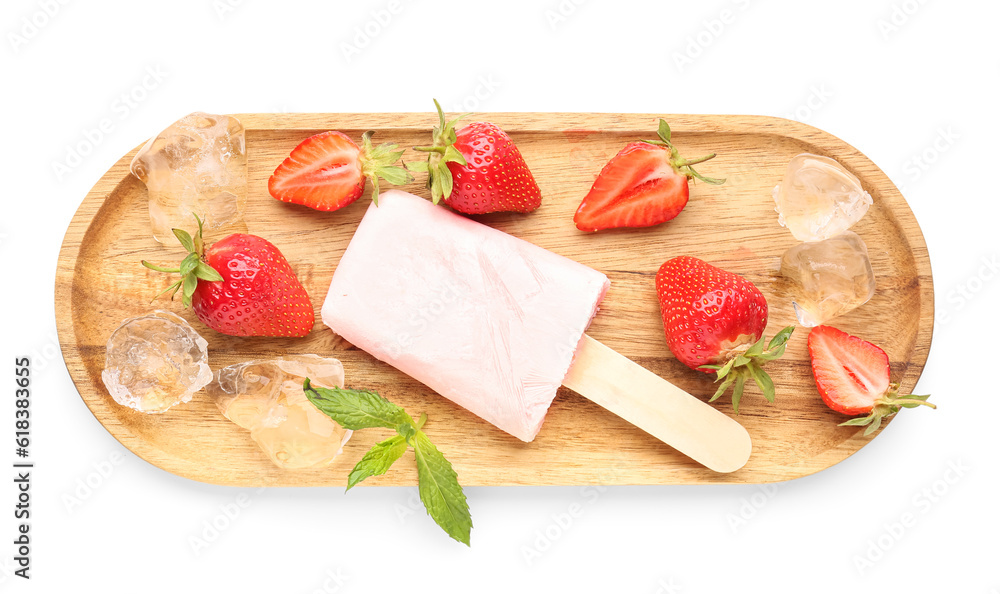 Wooden board with sweet strawberry ice-cream popsicle on white background