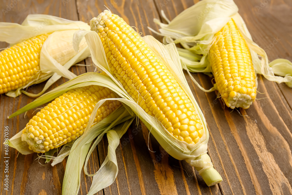 Fresh corn cobs on wooden background