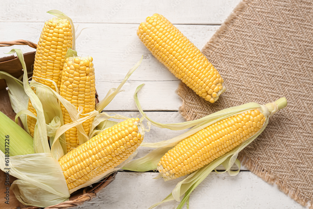 Wicker basket with fresh corn cobs on white wooden background