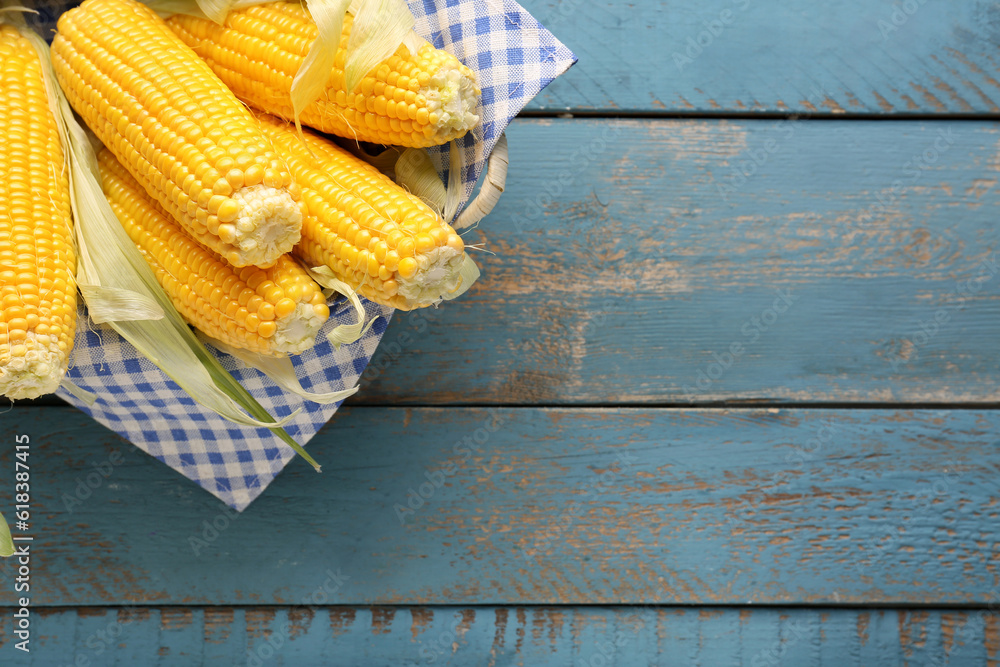 Basket with fresh corn cobs on blue wooden background