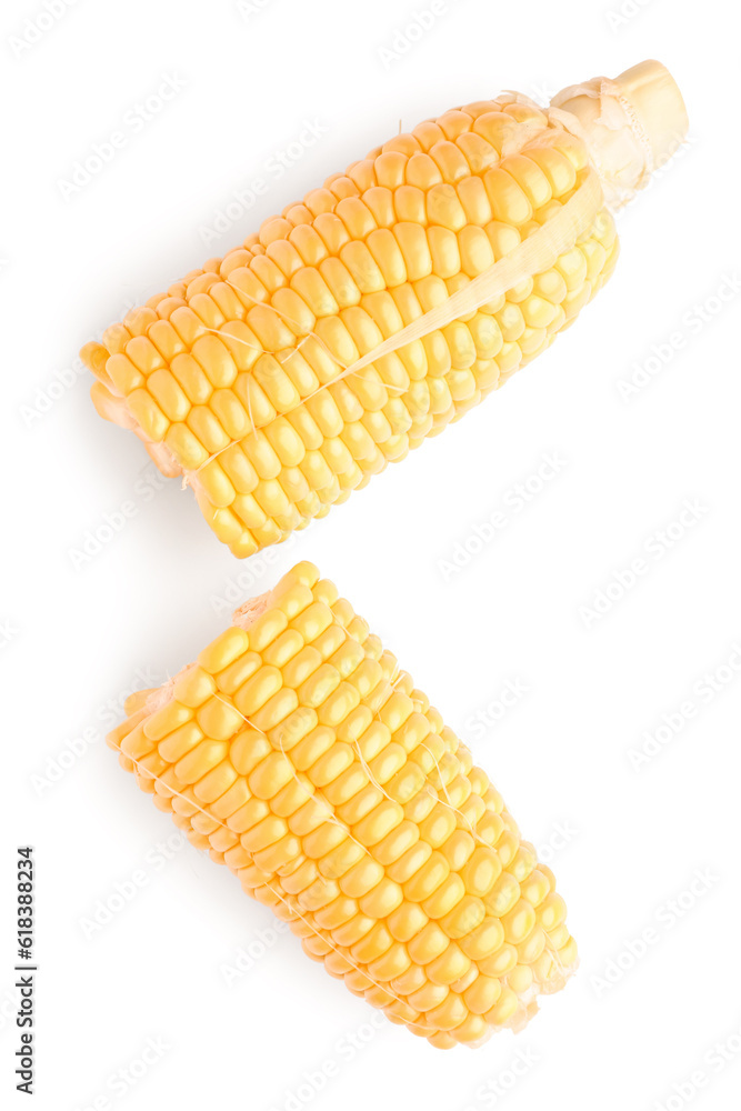 Cut fresh corn cobs on white background