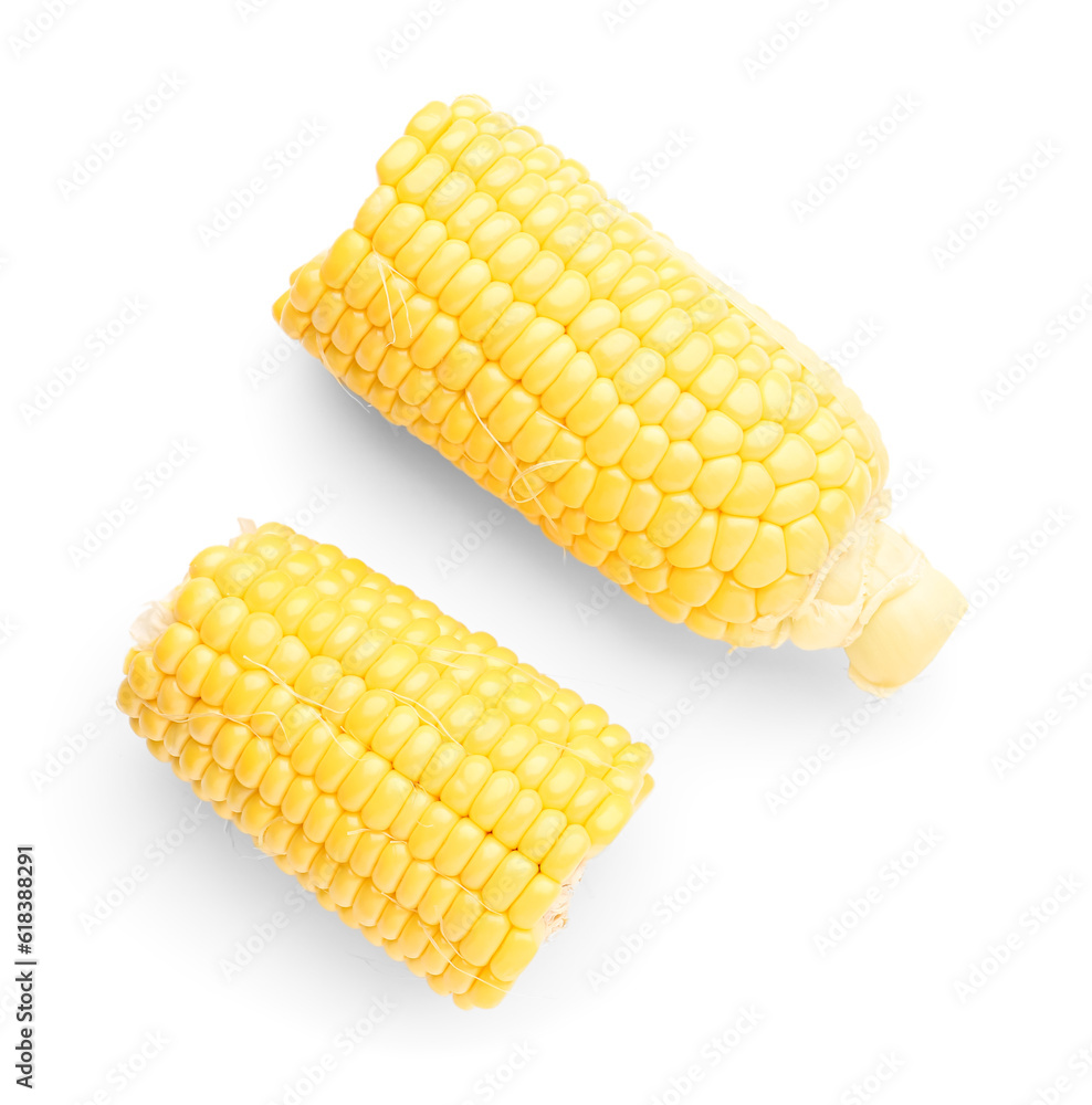 Cut fresh corn cobs on white background