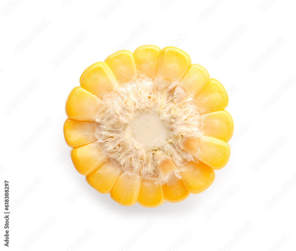 Cut fresh corn cob on white background