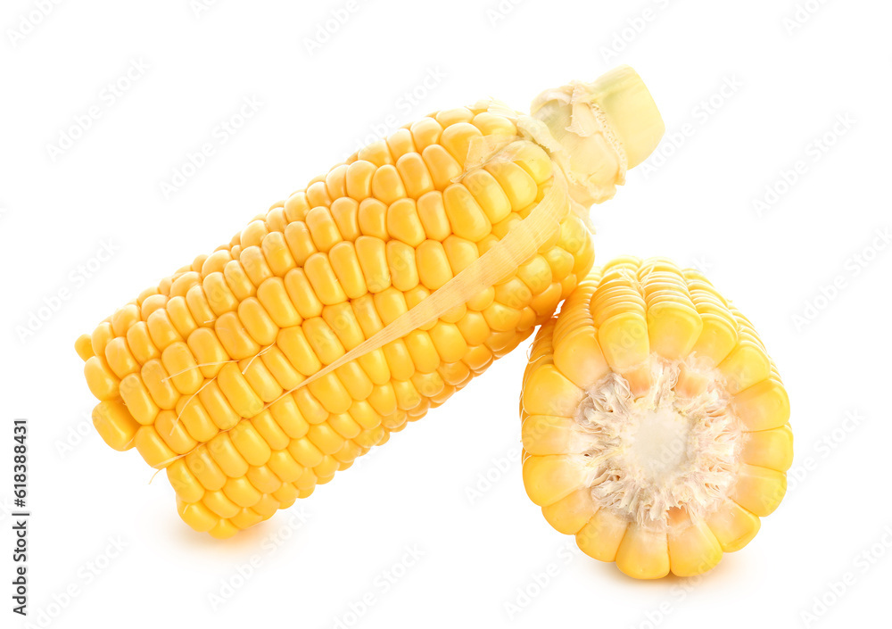 Cut fresh corn cobs on white background