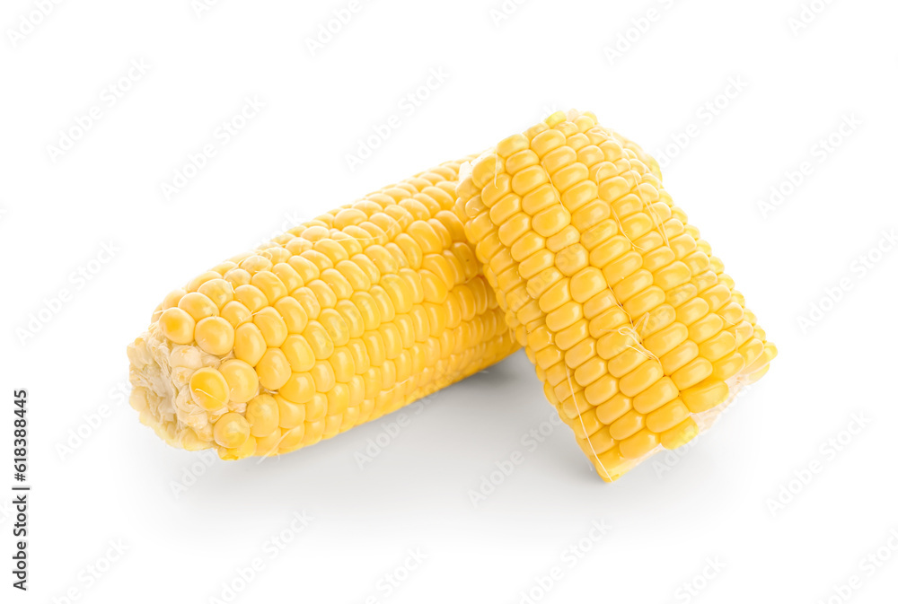 Fresh corn cobs on white background