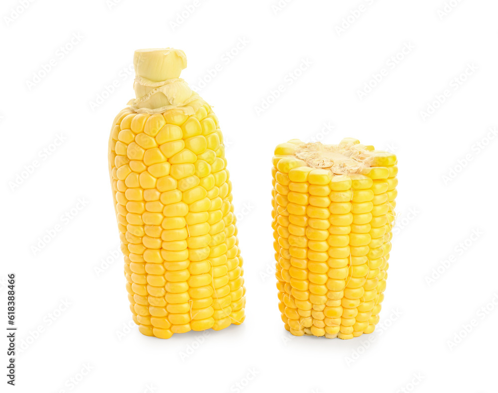 Cut fresh corn cobs on white background